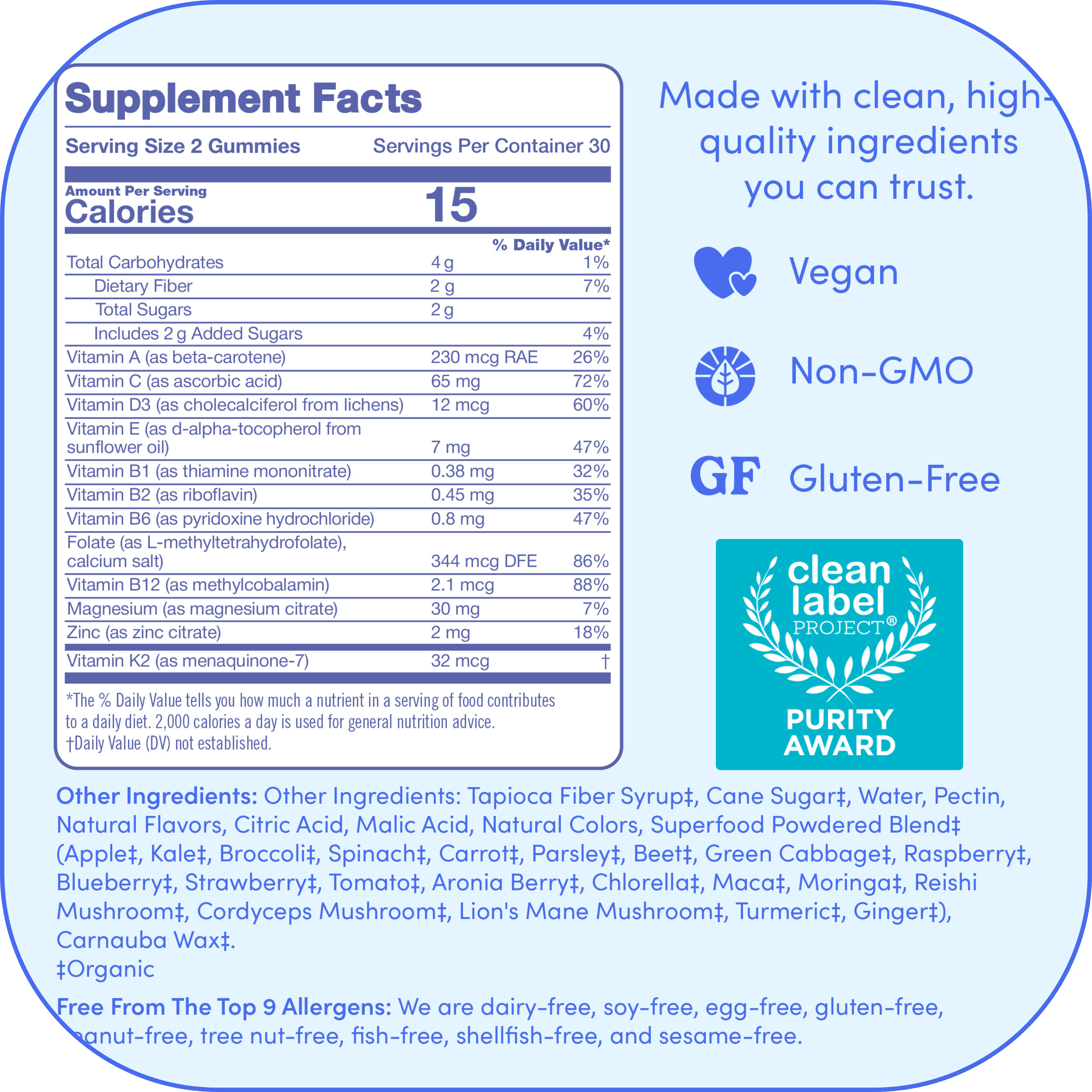 Supplement facts label with nutritional information and quality certifications.