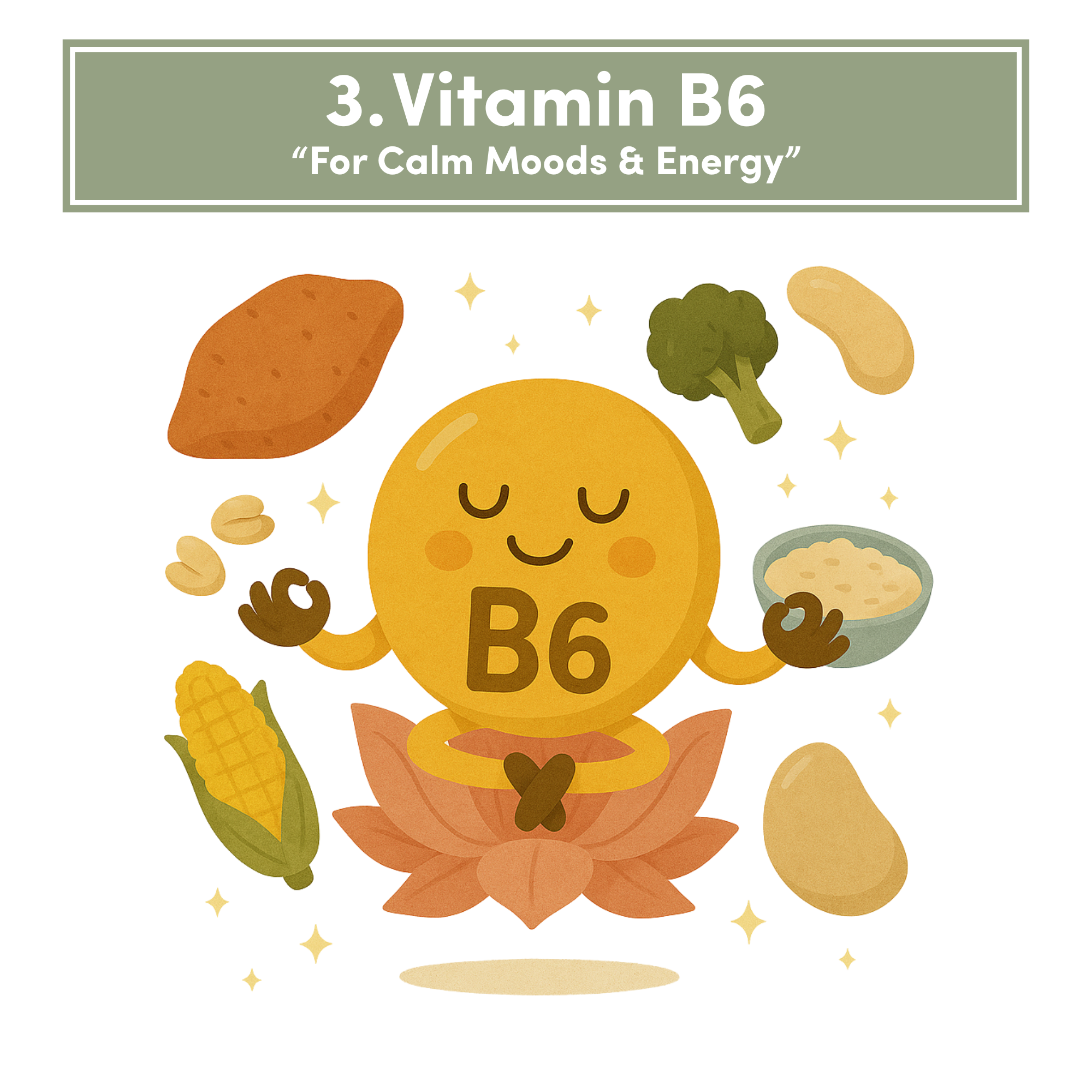Cartoon Vitamin B6 character meditating with foods like corn, broccoli, and nuts.