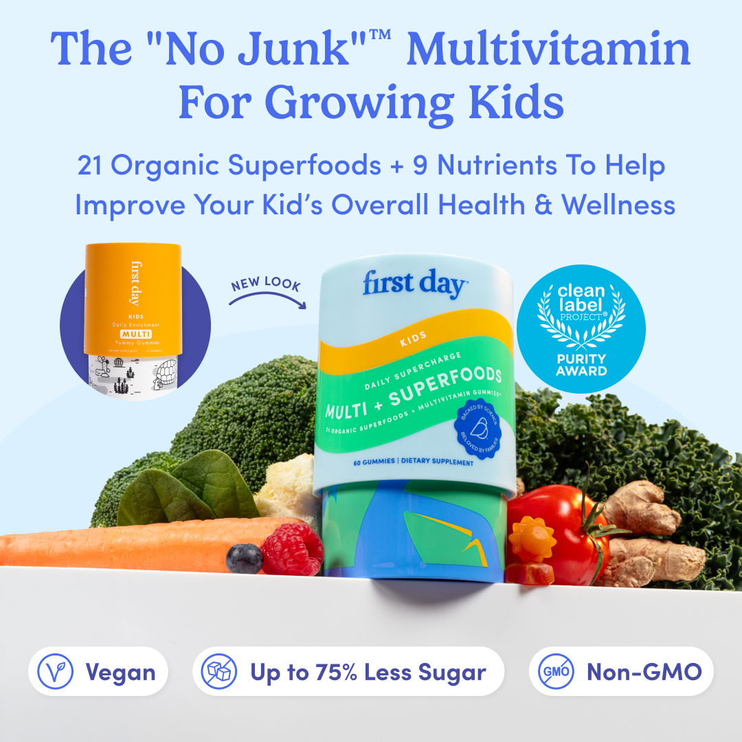 Multivitamin packaging with fruits and vegetables, promoting health benefits for kids.