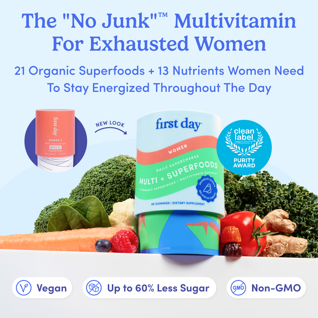 Multivitamin packaging with vegetables, fruits, and purity award badge.
