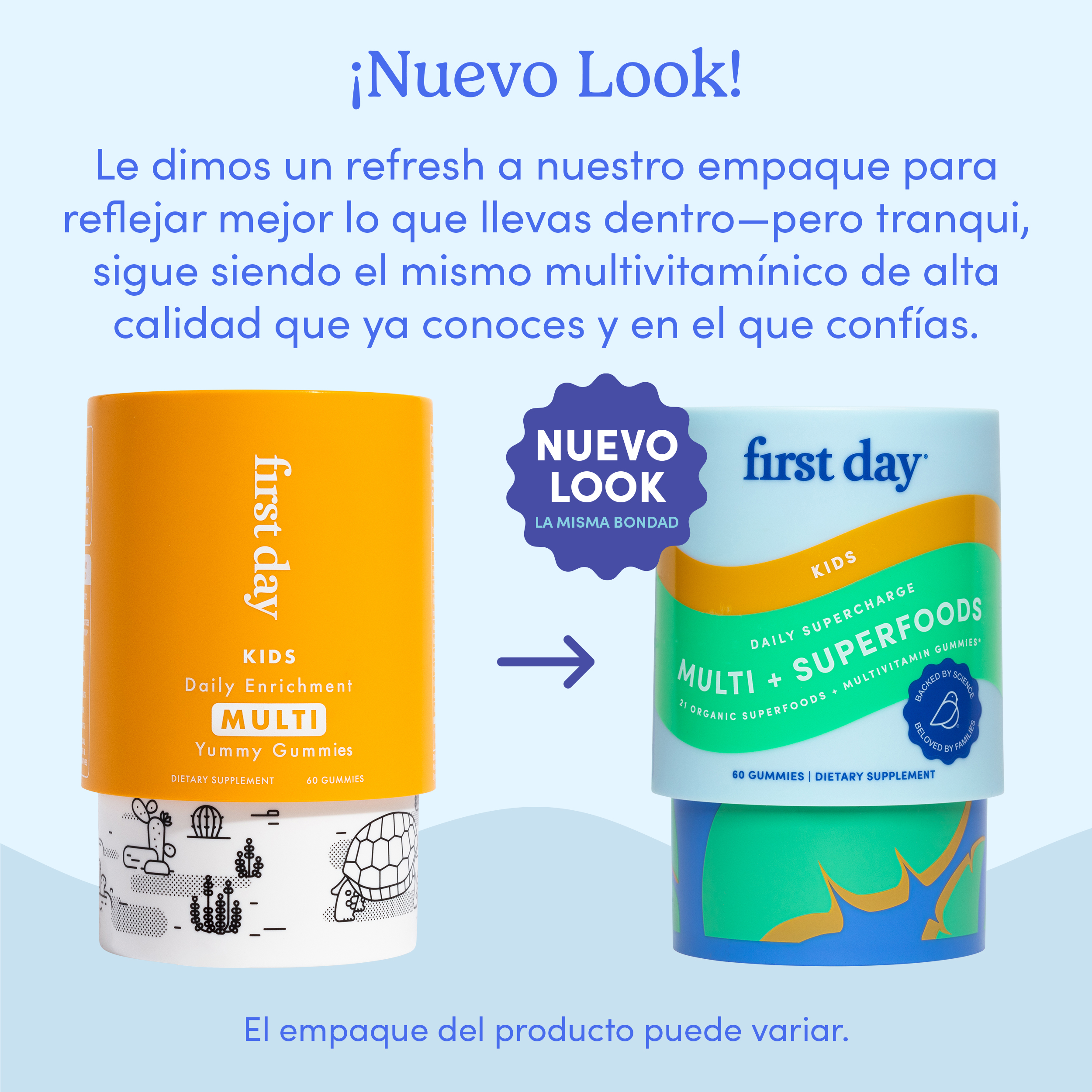 Two vitamin containers with updated packaging design and Spanish text about the new look.