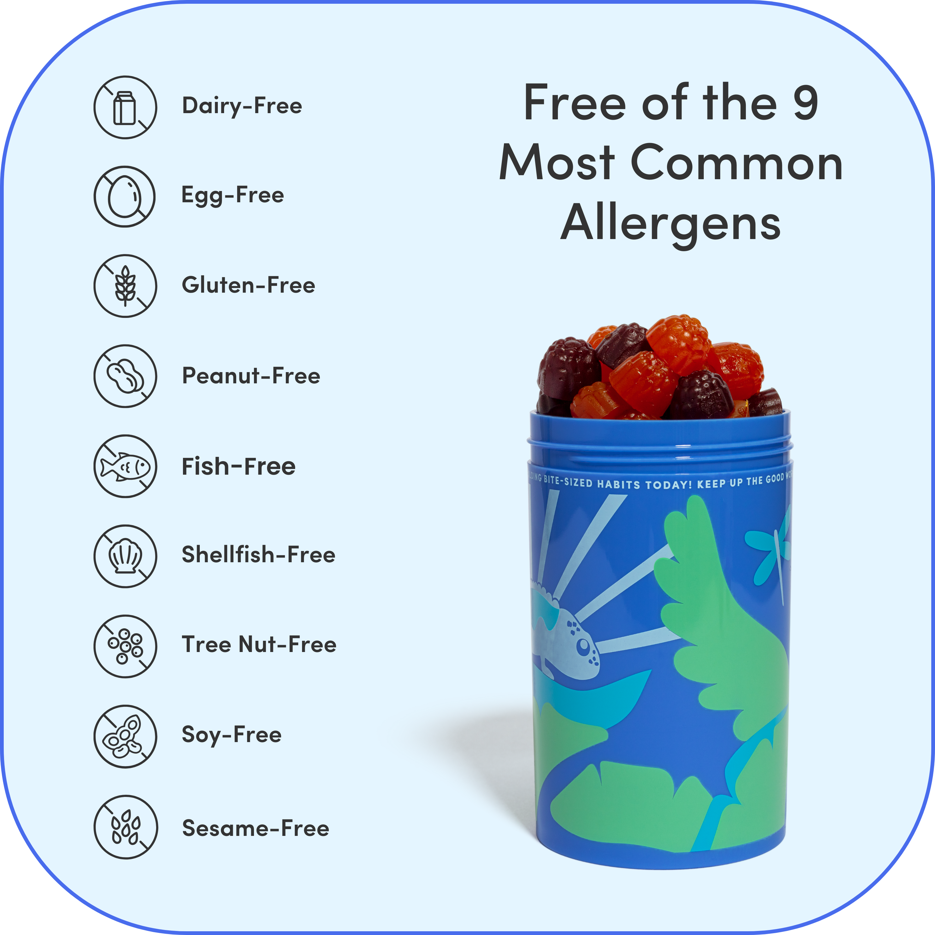 Colorful gummies in a blue container, labeled allergen-free.