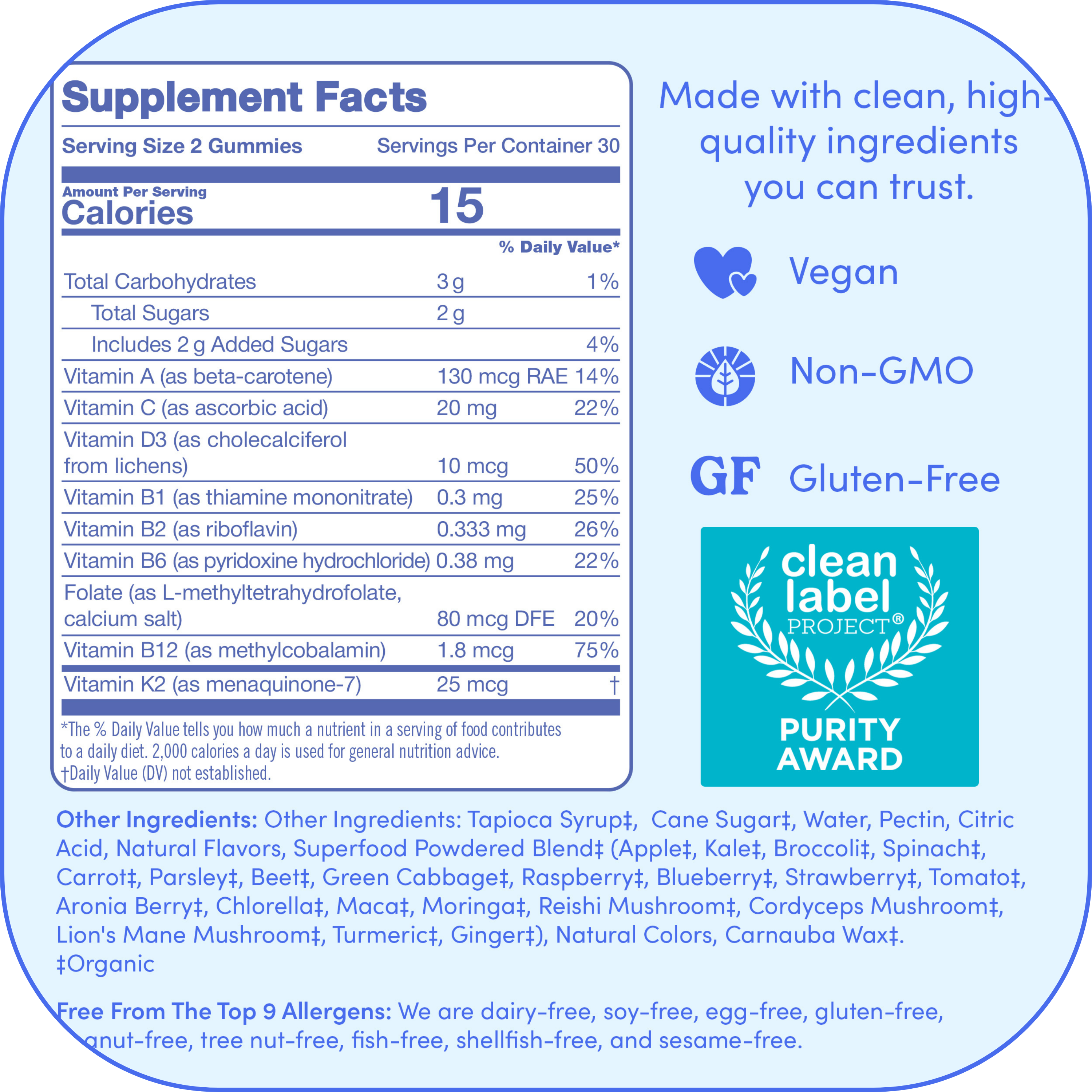 Supplement facts label with nutritional information and certifications like Vegan, Non-GMO, and Gluten-Free.