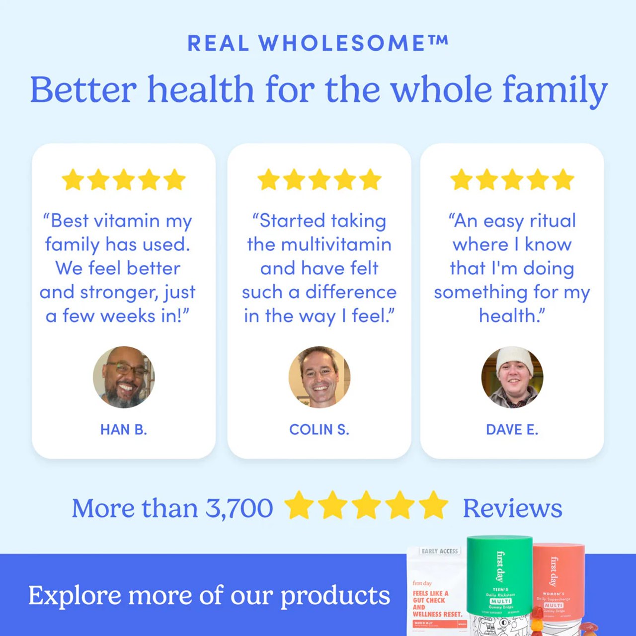 Three customer testimonials with five-star ratings for vitamins.