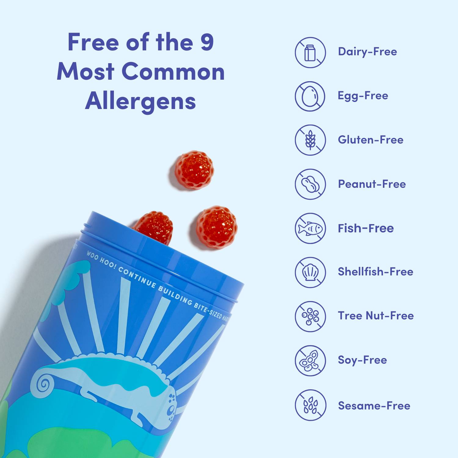 Blue container with red candies, allergen-free list on the side.