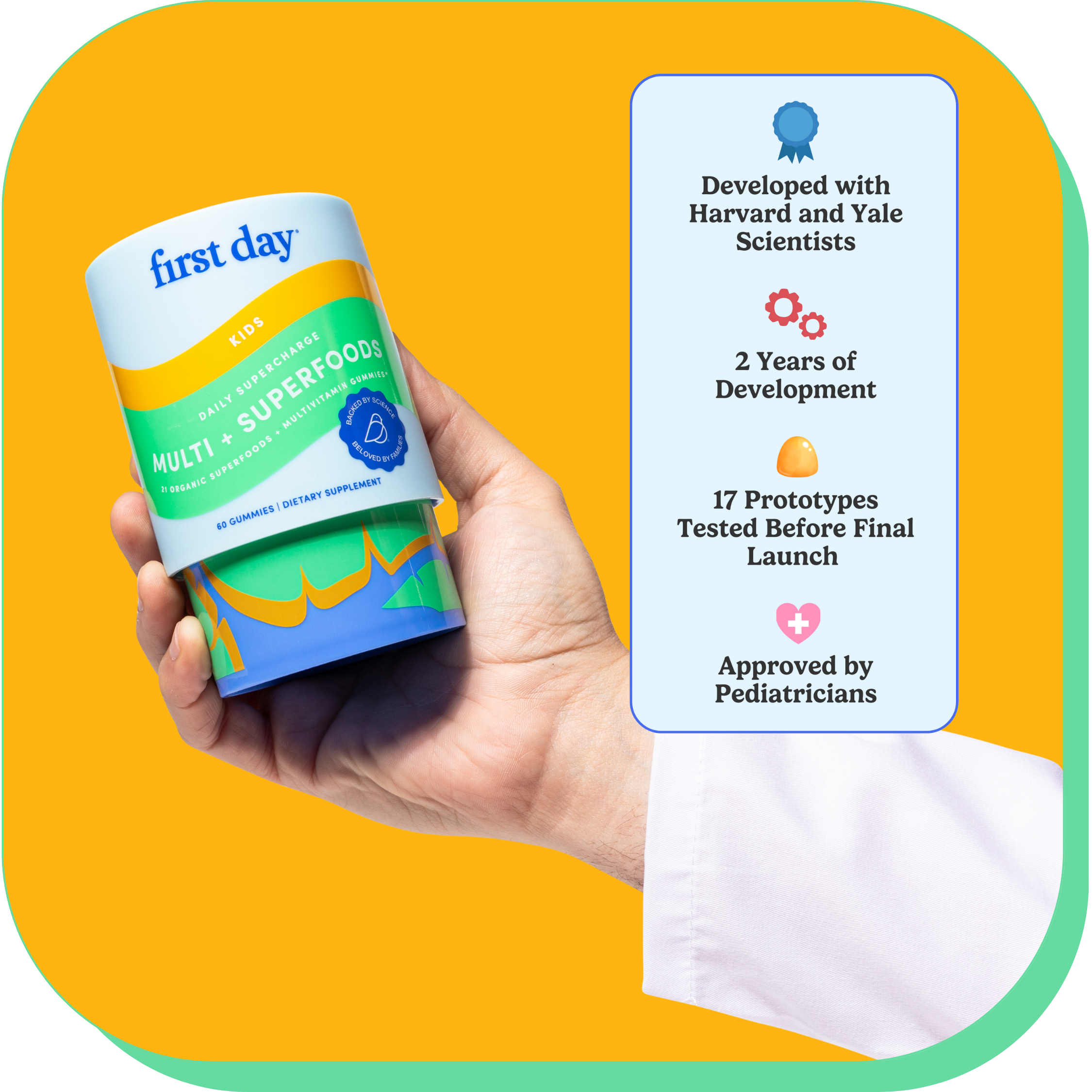 Hand holding a container of kids' dietary supplements with development details beside it.