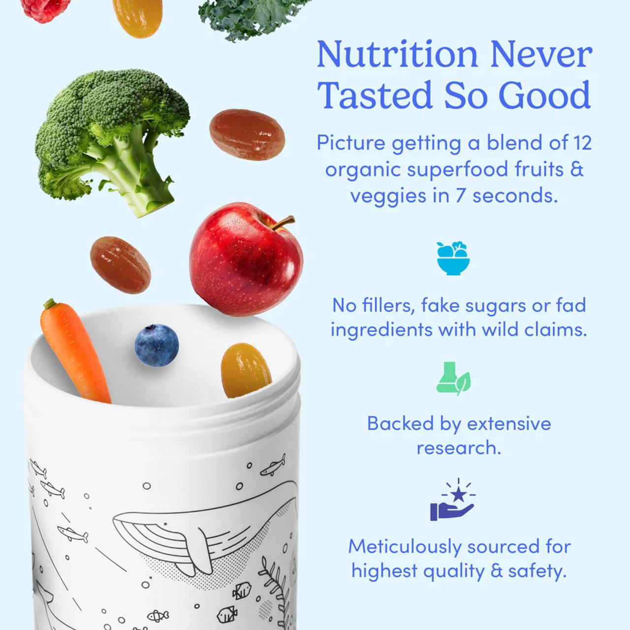 Floating fruits and vegetables above a container with text about nutrition benefits.