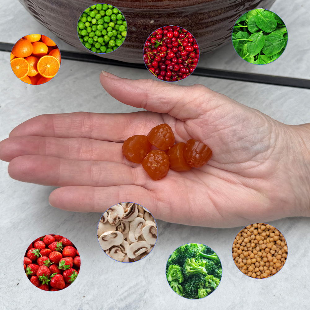 Hand holding gummies surrounded by images of fruits and vegetables.