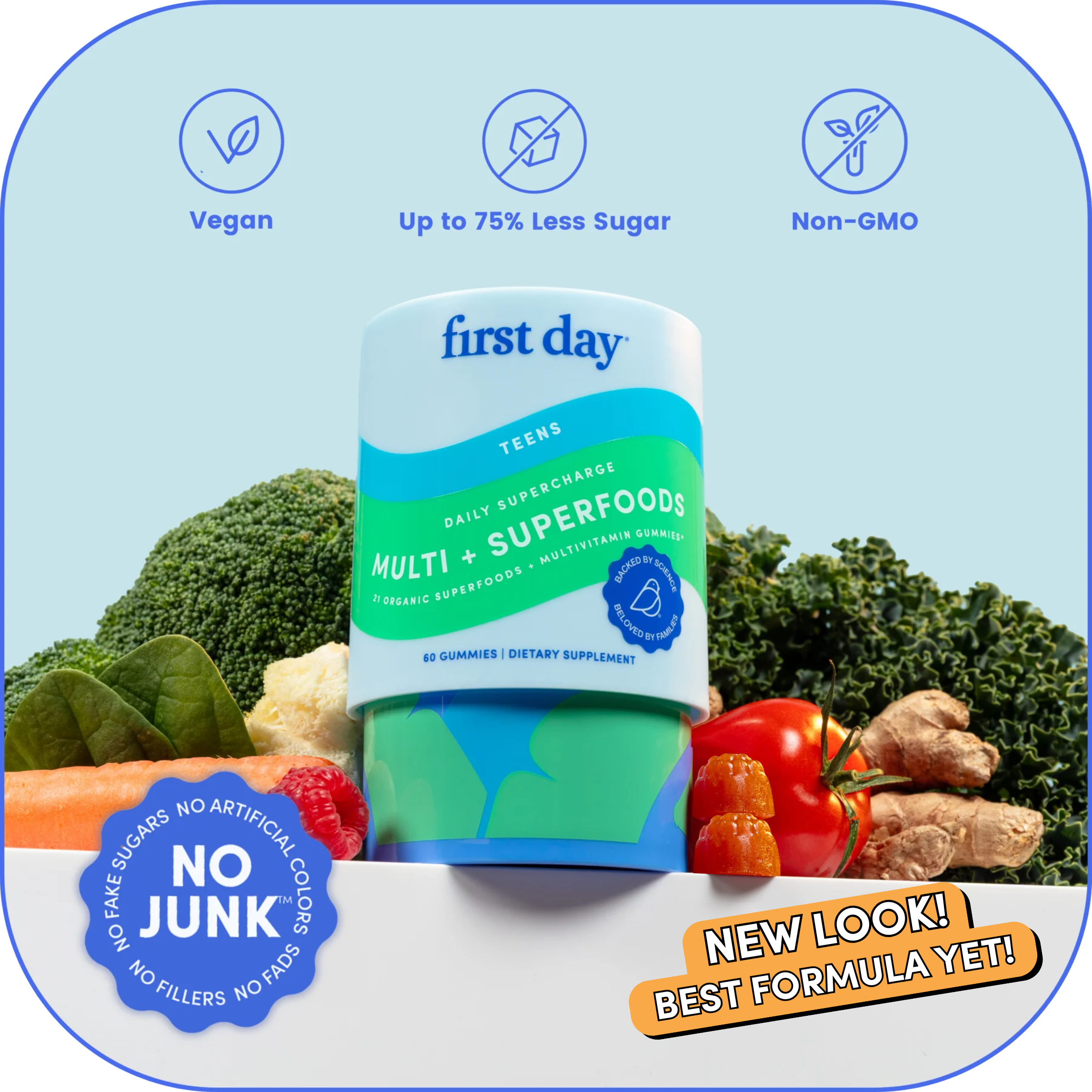 Supplement bottle with vegetables, labeled vegan, less sugar, non-GMO.