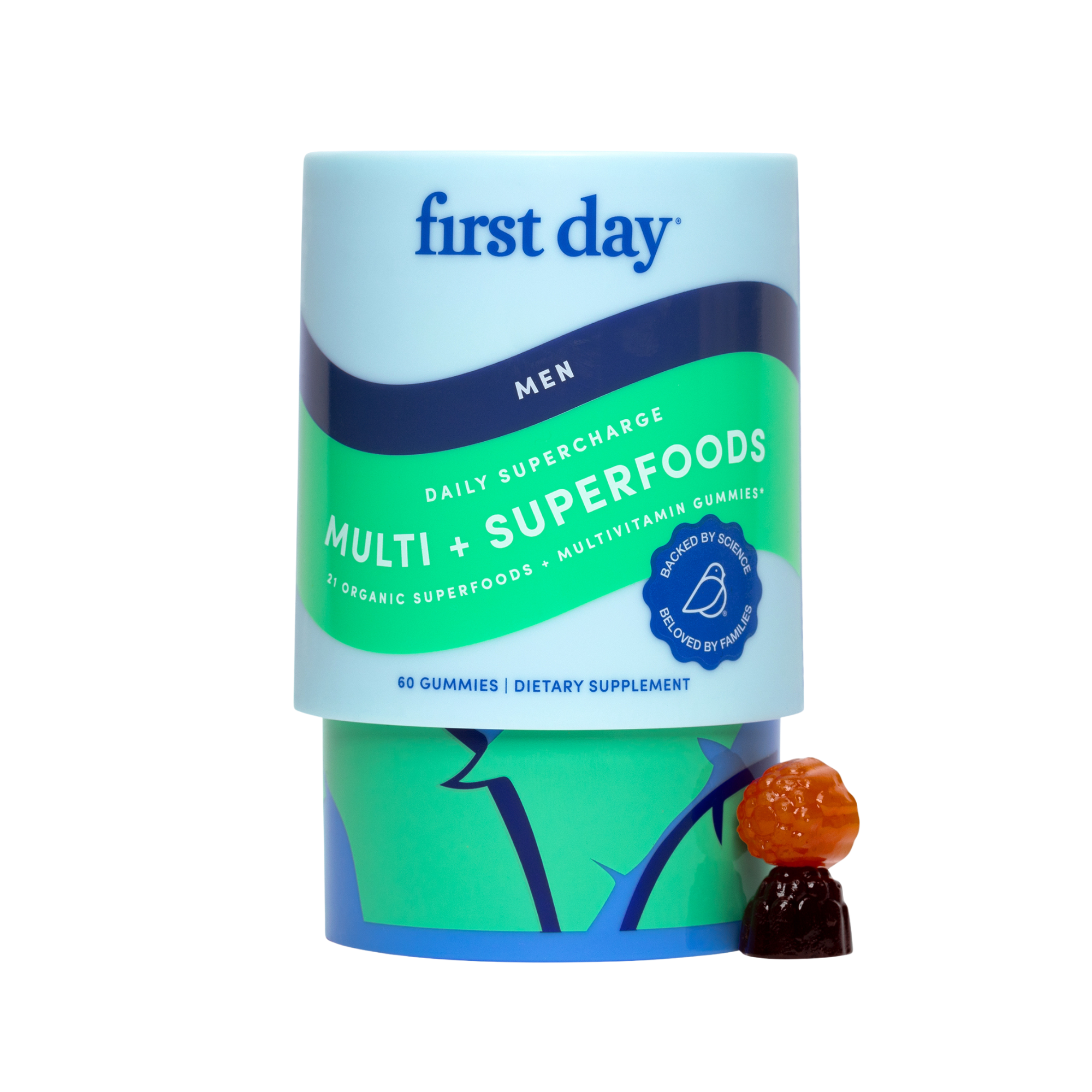 Container of men's multivitamin gummies with two gummies beside it.