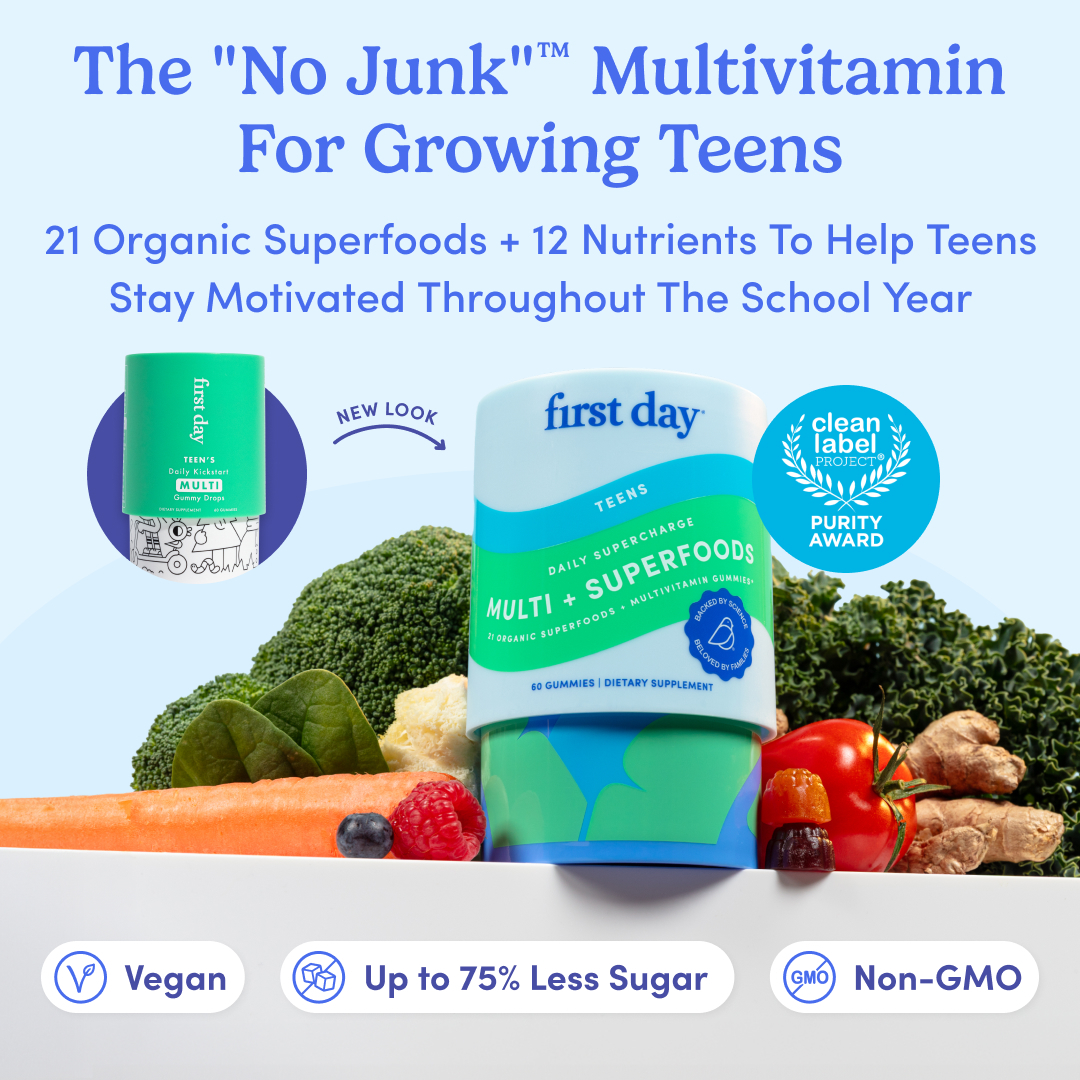 Multivitamin packaging with fruits and vegetables, promoting benefits for teens.