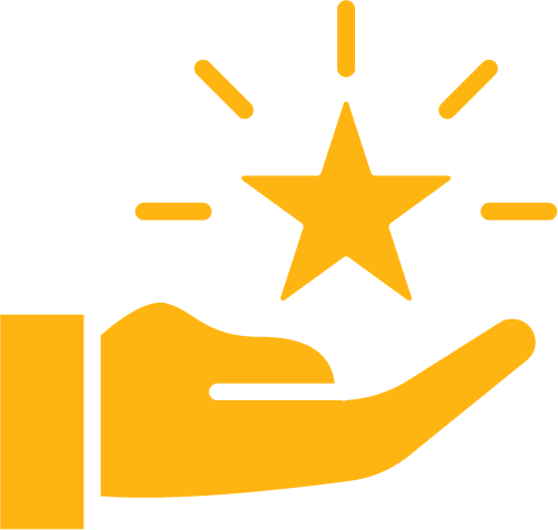Yellow hand icon holding a star with rays.
