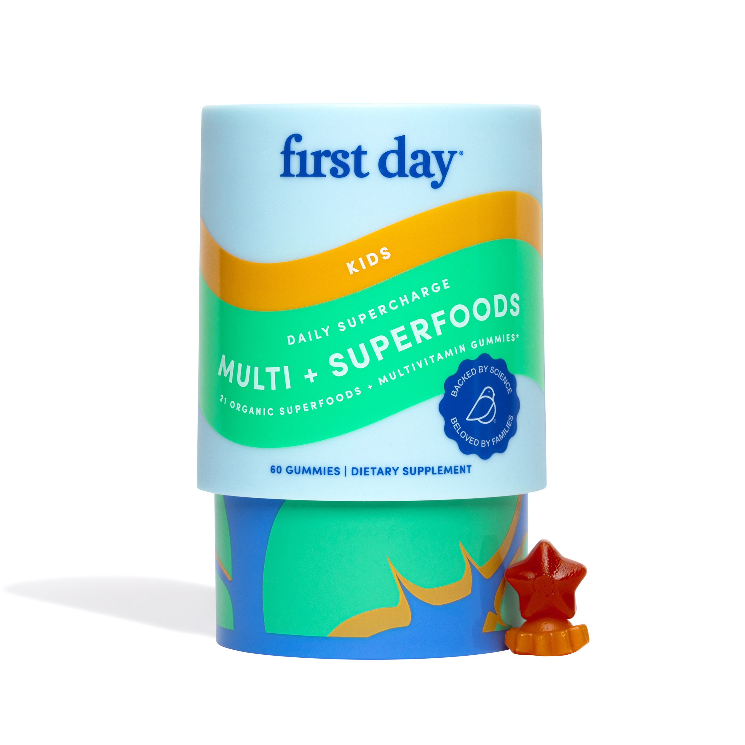 Container of kids' multivitamin gummies with colorful packaging and star-shaped gummies.