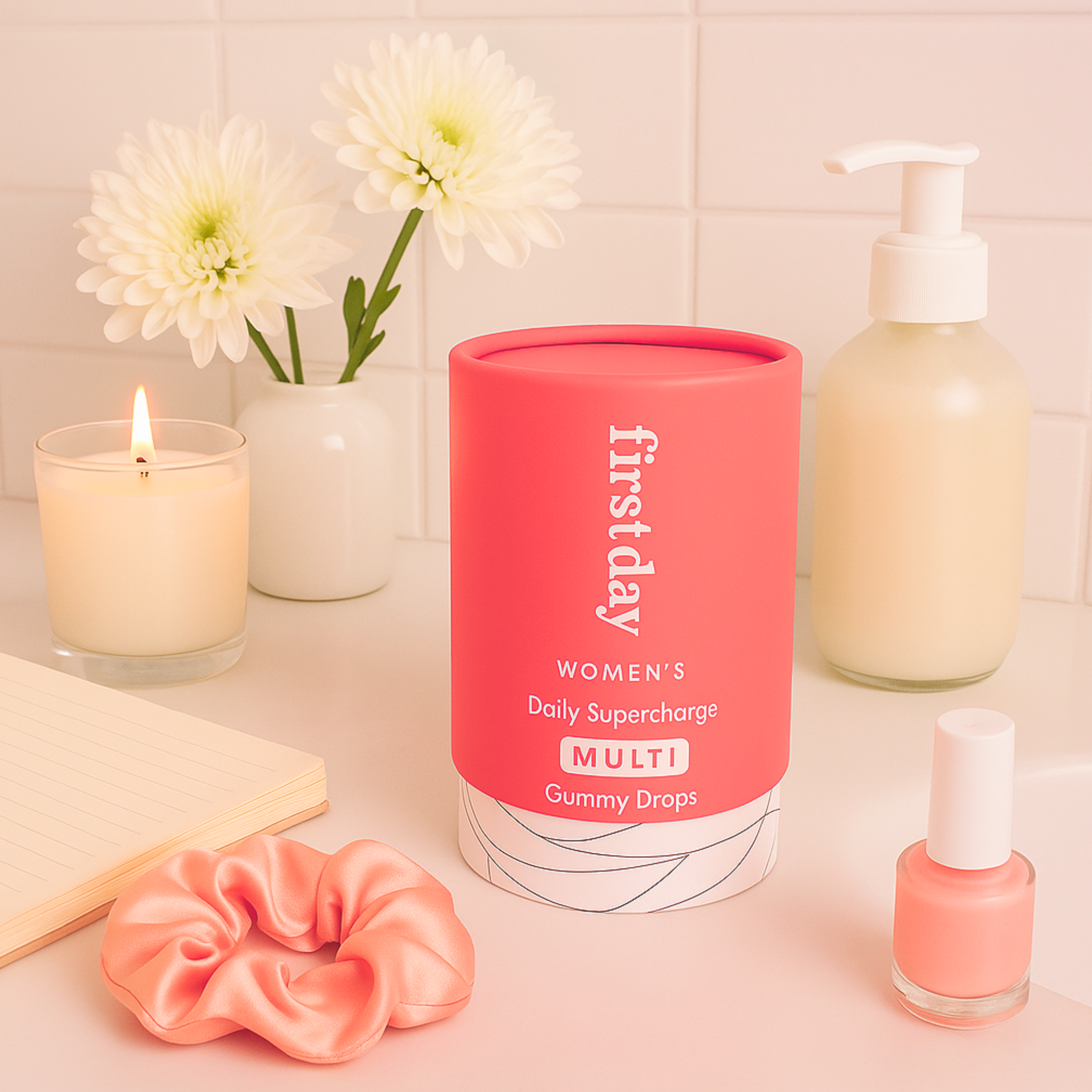 Bathroom counter with flowers, candle, lotion, and women's supplement container.