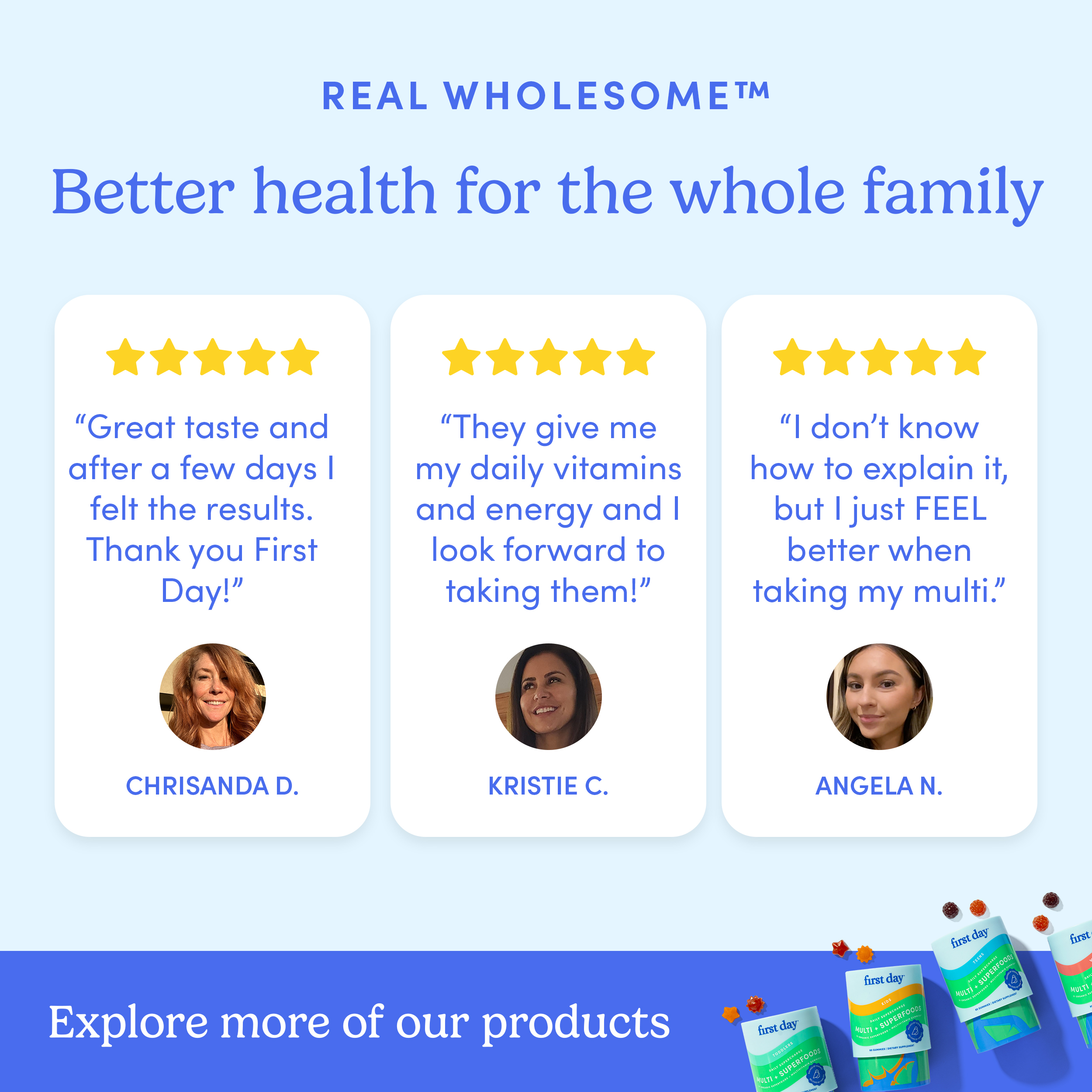 Three customer testimonials with five-star ratings for health products.