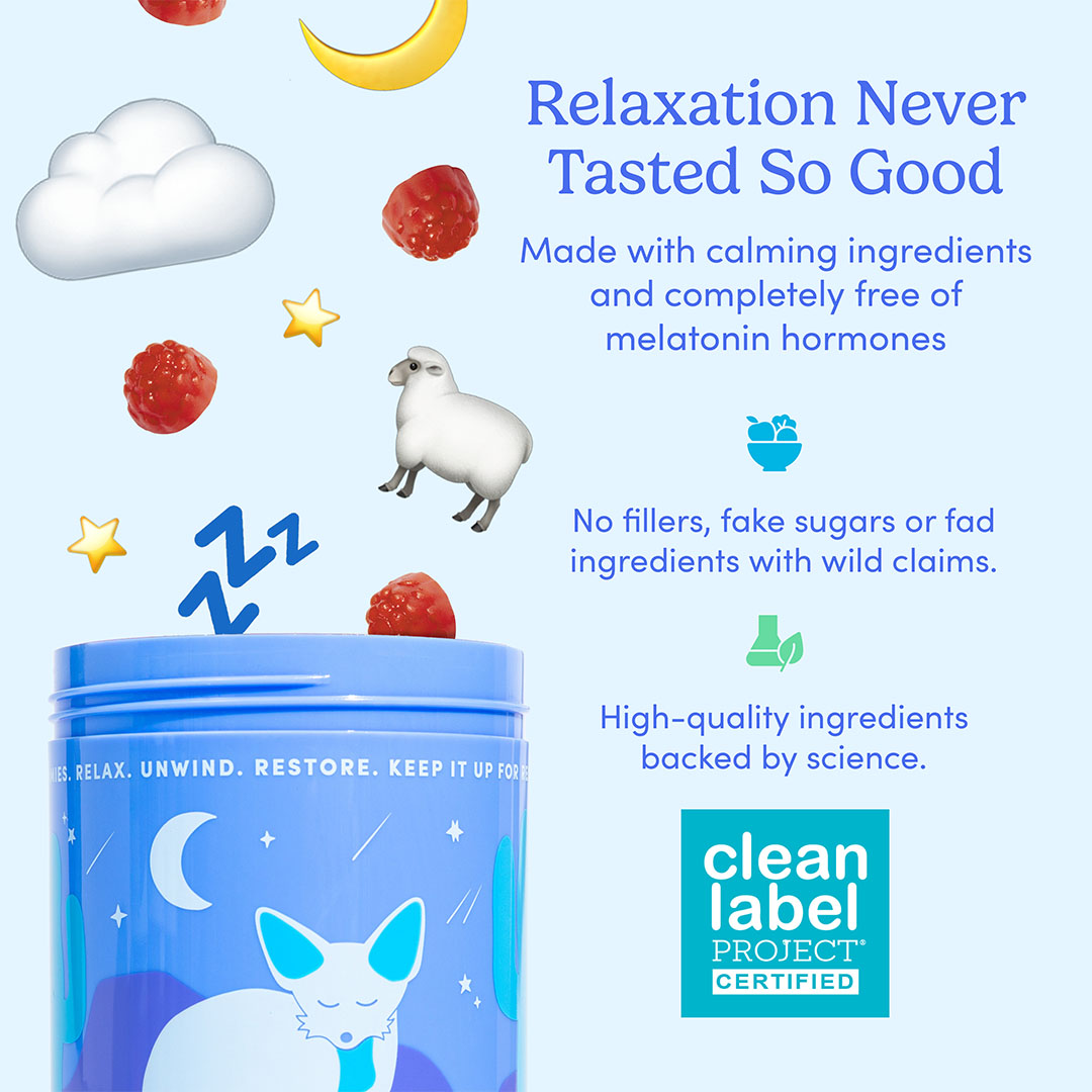 Blue container with stars, moon, and text about relaxation benefits.