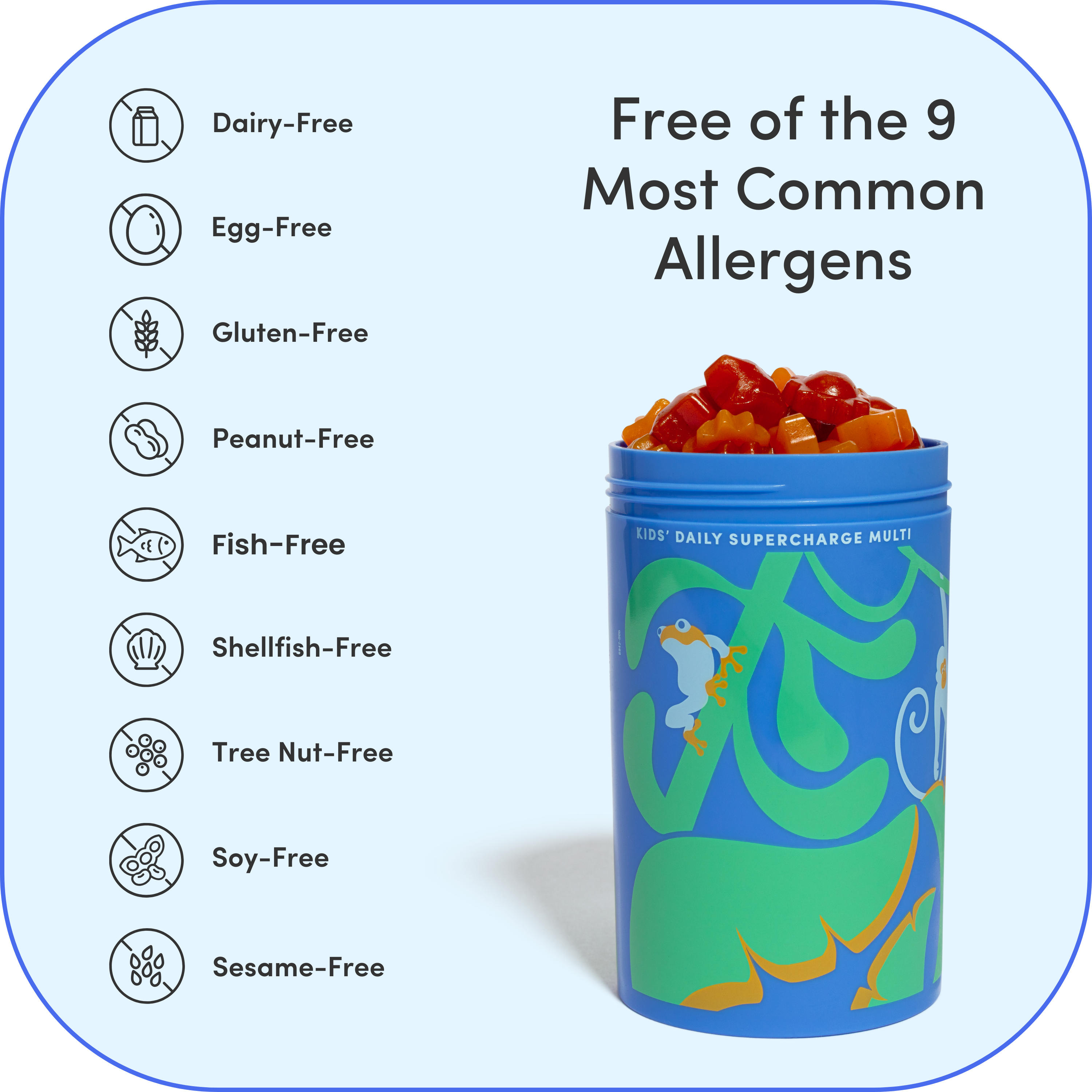 Blue container with gummies, allergen-free icons, and text about common allergens.