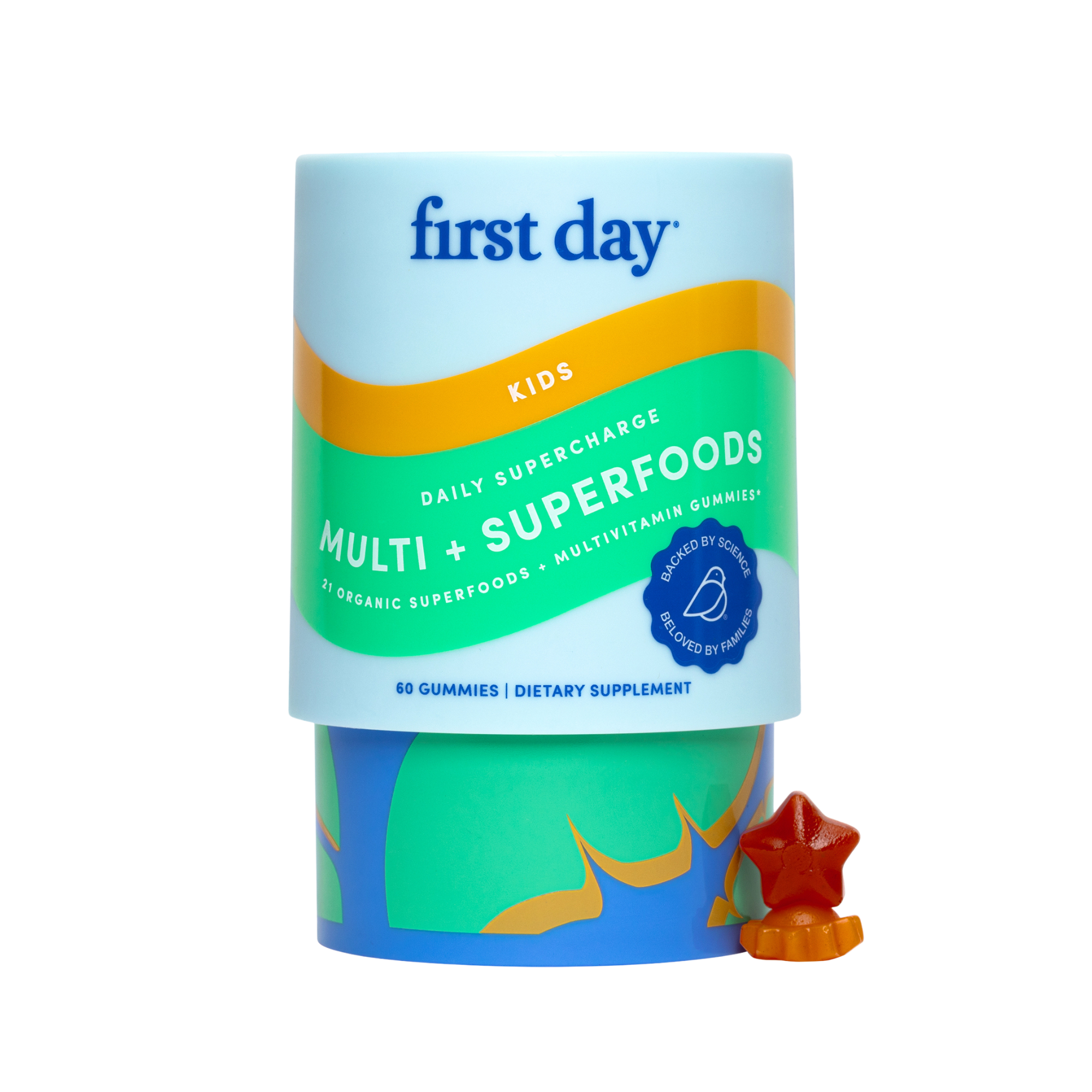 Container of kids' multivitamin gummies with colorful label and star-shaped gummy.