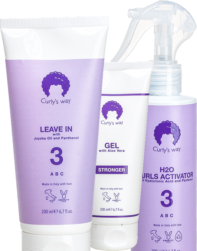 Three hair care products with purple labels, including leave-in, gel, and curls activator.