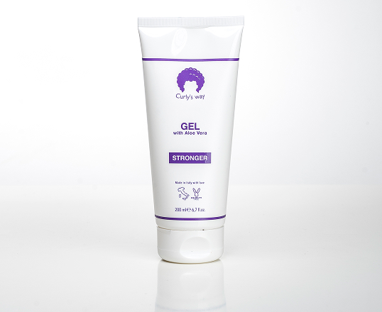 White tube of hair gel with purple text and logo on a white background.
