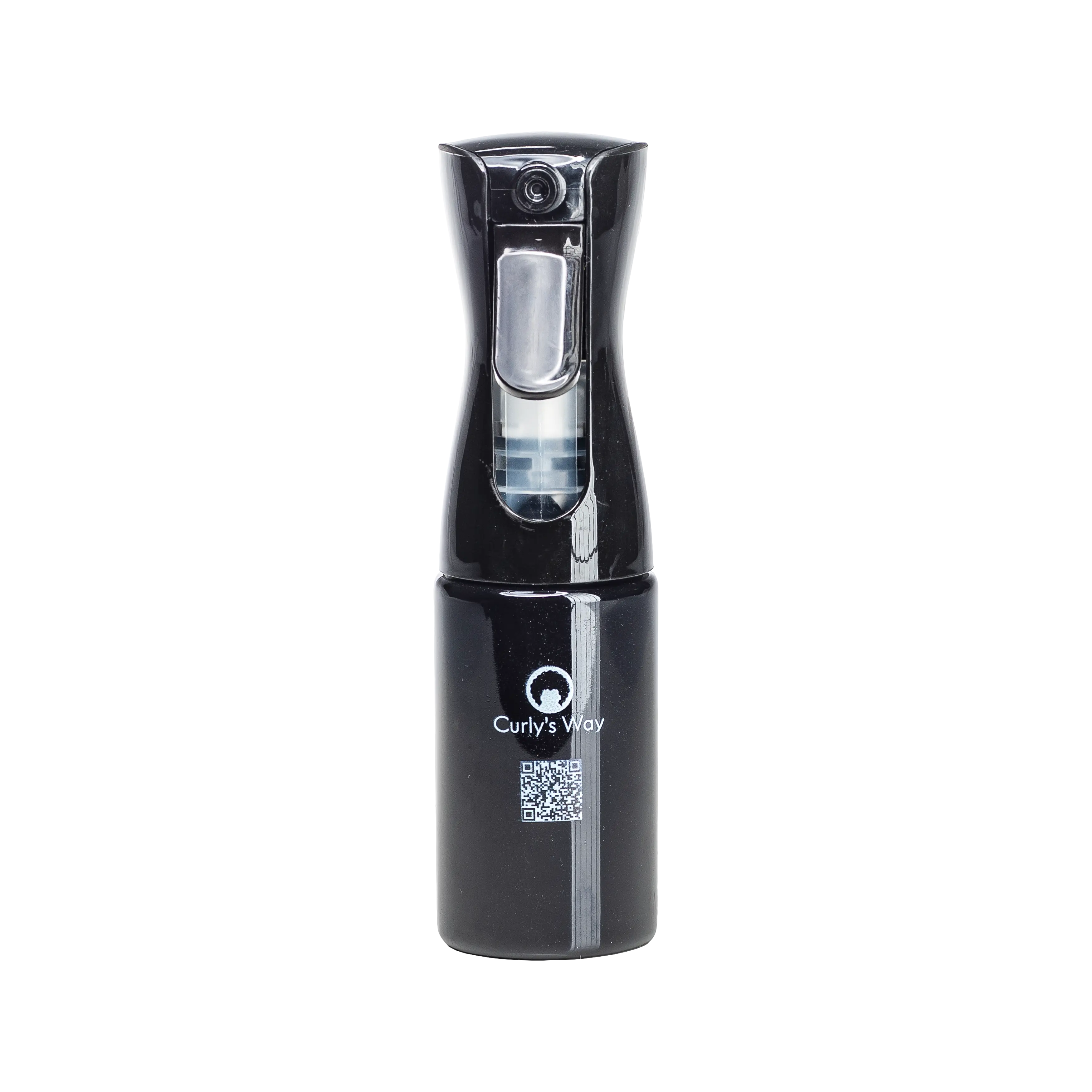 A black continuous mist spray bottle with the 'Curly's Way' logo, against a white background.