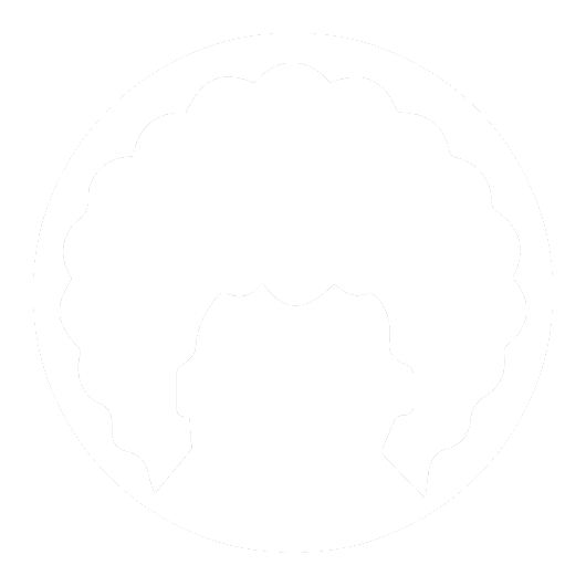 Silhouette of a person with curly hair inside a circle.