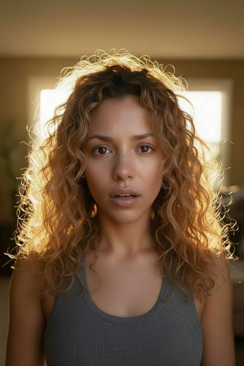 Person with curly hair, wearing a gray tank top, backlit by sunlight.