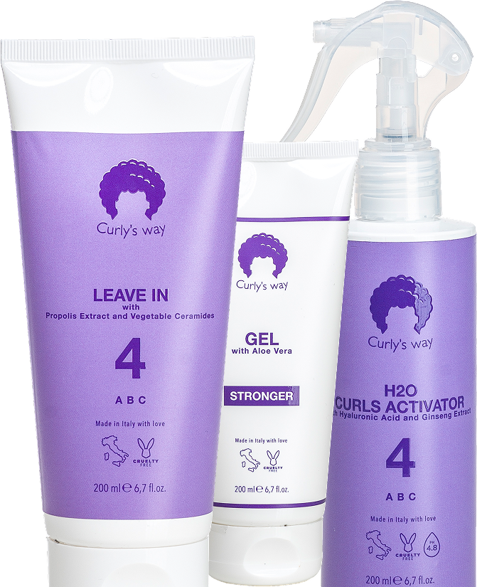 Three purple and white hair care products labeled 'Curly's way' with various ingredients.