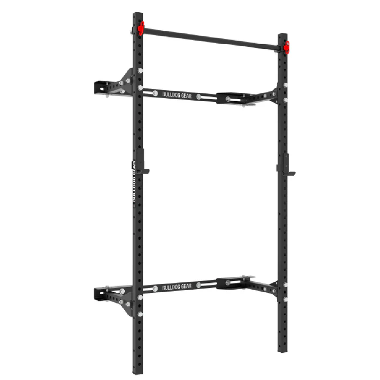 Wall-mounted pull-up bar and fitness rack with logo 'Bulldog Gear.'