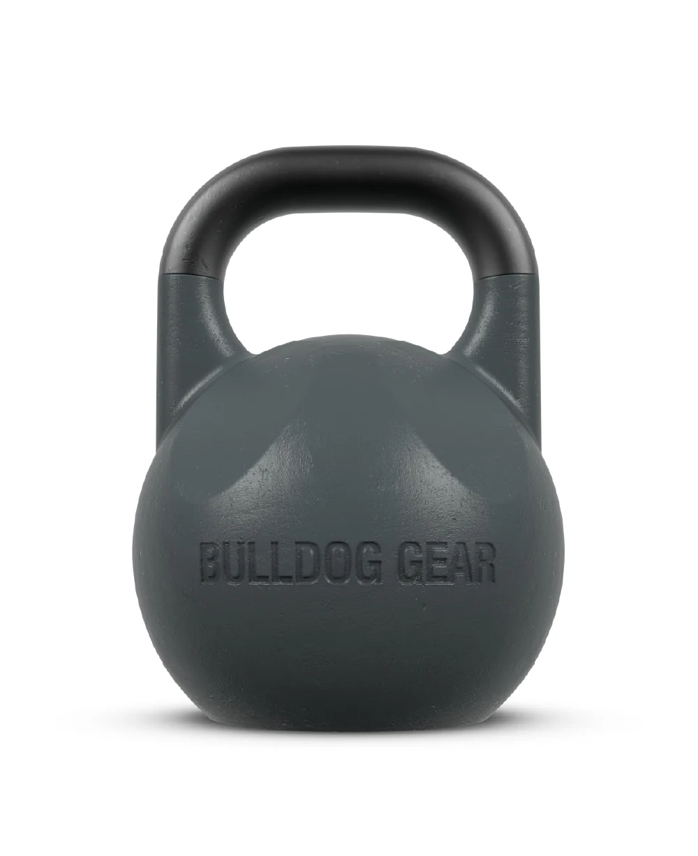A dark grey kettlebell with 'BULLDOG GEAR' text.