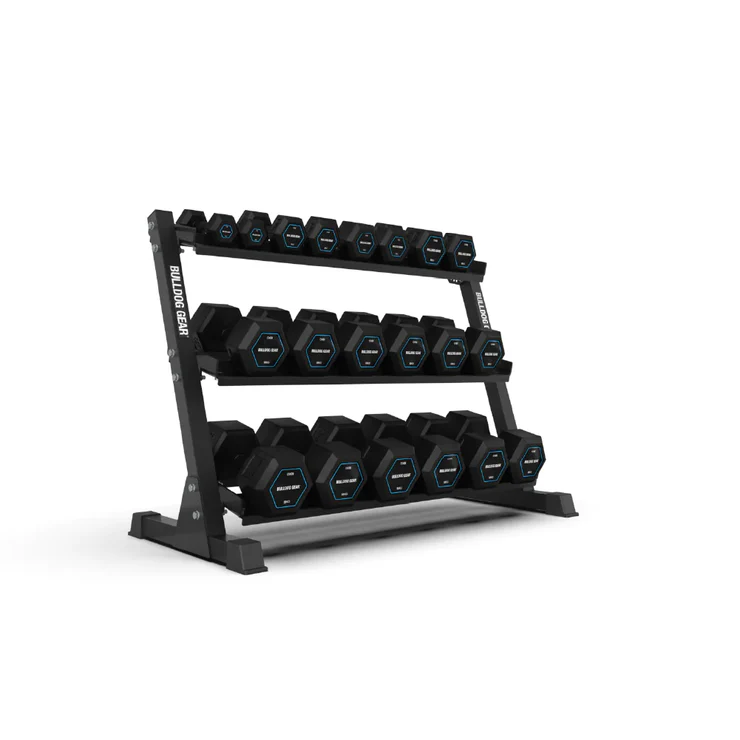 A rack with three rows of black hex dumbbells.