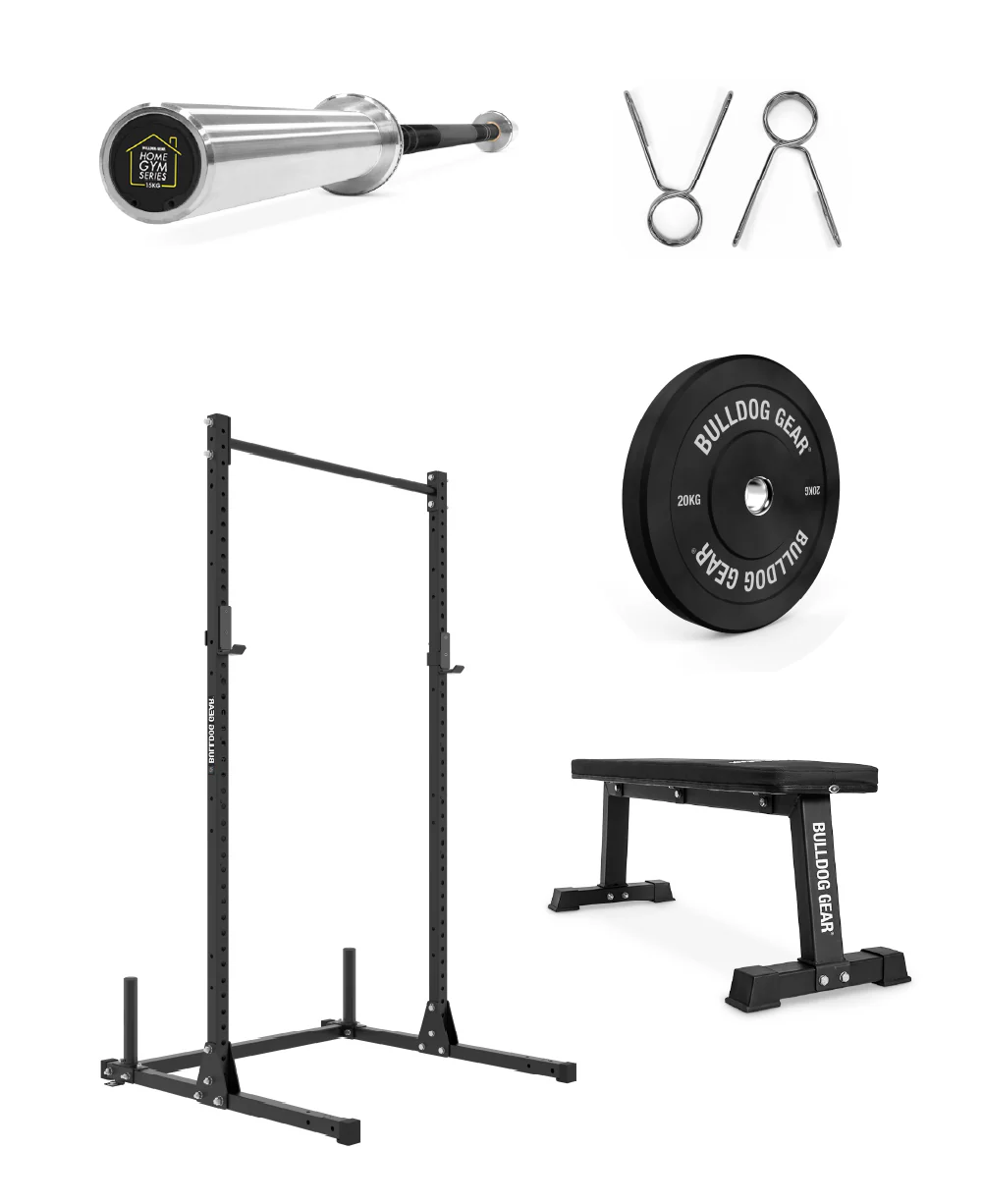 Various gym equipment including barbell, rack, weight bench, plate, and clamps.