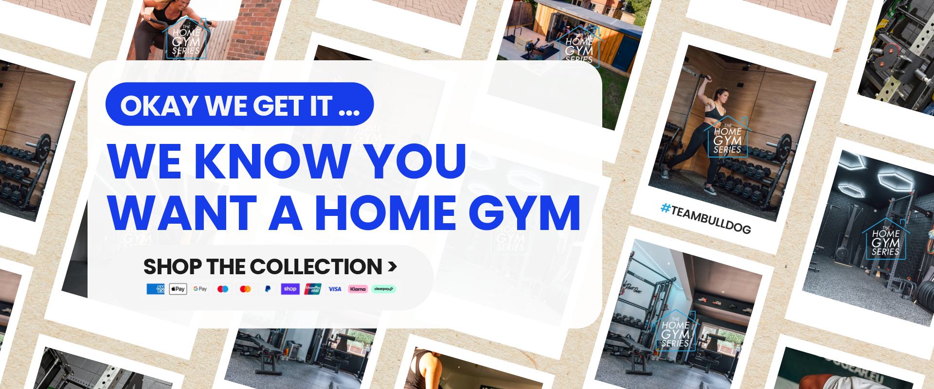 People exercising inside a home gym with equipment, promotional text on right.