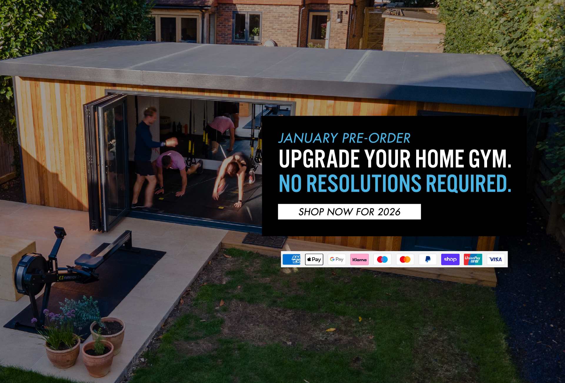 People exercising in a home gym with a bike outside and promotional text overlay.