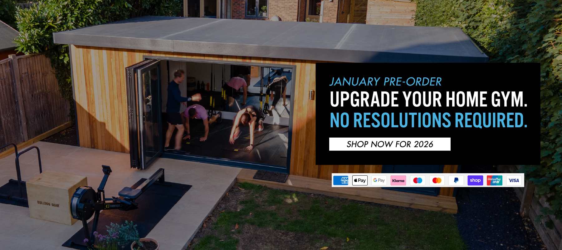 People exercising inside a home gym with equipment, promotional text on right.