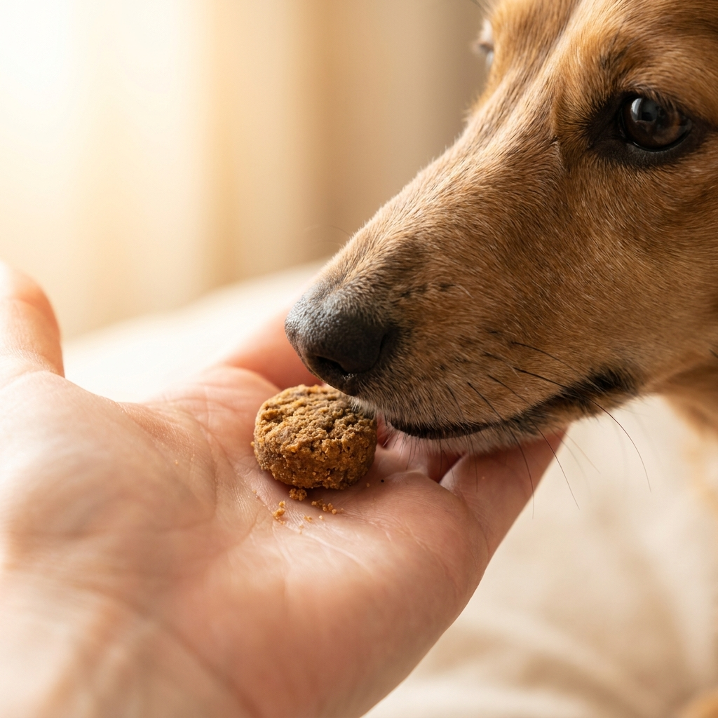 A close-up of a brown dog sniffing a round treat held in a person's hand.