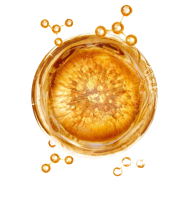 Golden, abstract circular design with interconnected spheres, resembling a molecular structure.