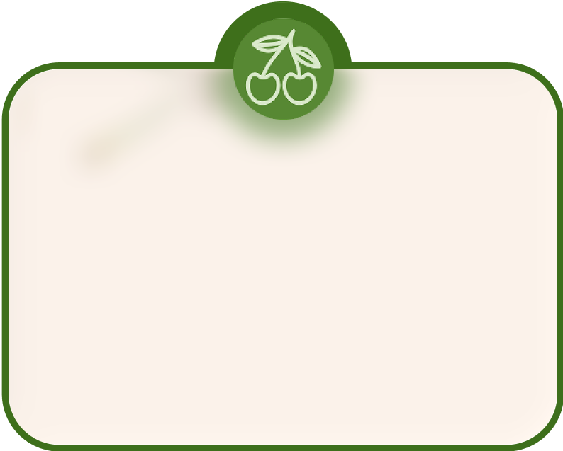Blank beige rectangle with green circle containing cherries at the top.