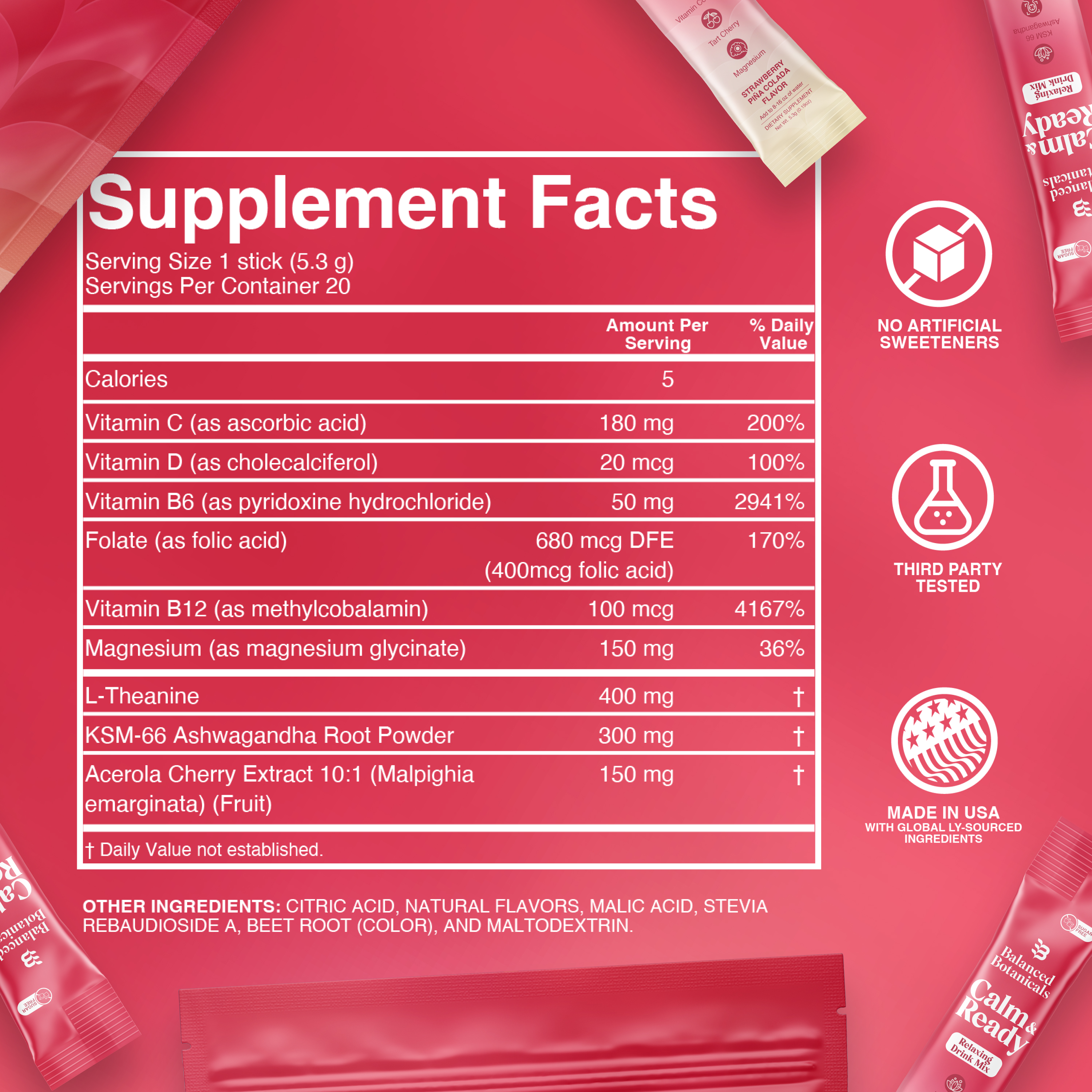 Supplement facts label on a pink background with icons for no artificial sweeteners, third-party tested.