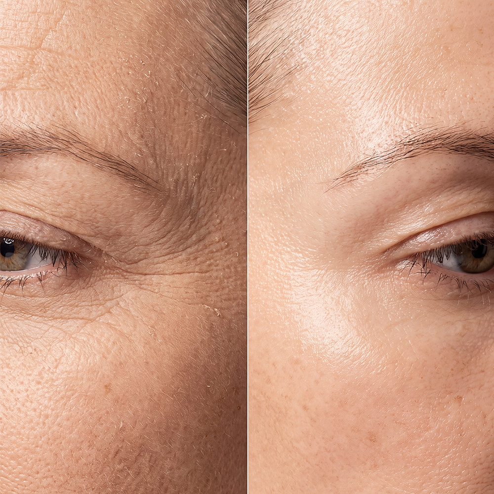 A before-and-after close-up of a woman's eye, showing a visible reduction in wrinkles and smoother skin.
