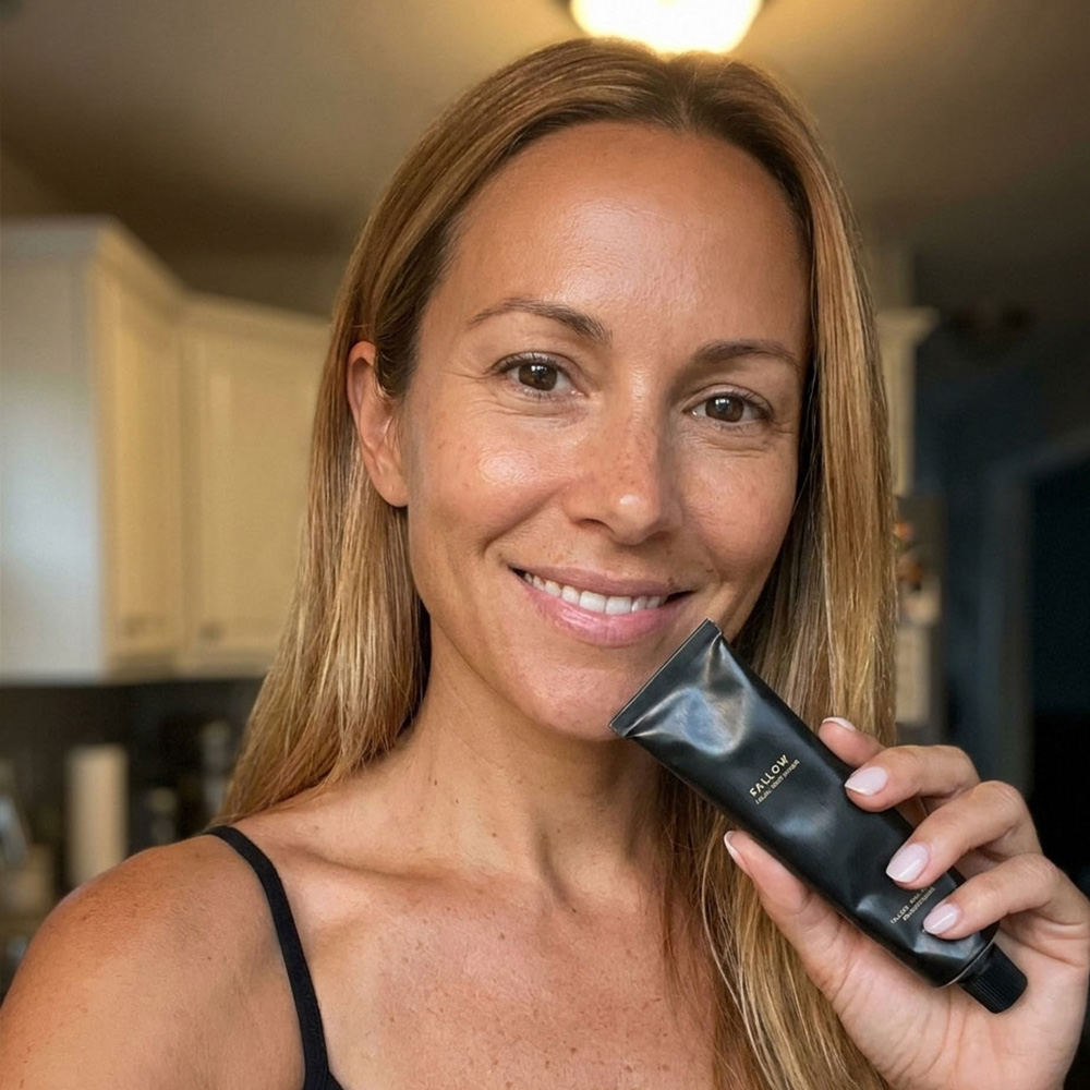 A smiling woman with blonde hair holds up a black tube of Fallow beauty product.