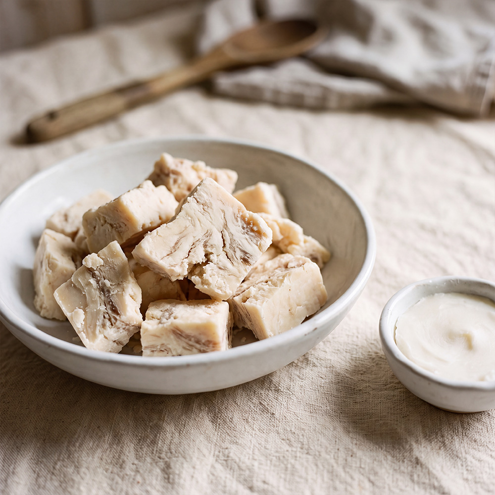 A white bowl of cubed, marbled food sits on a cloth next to a smaller bowl of cream.