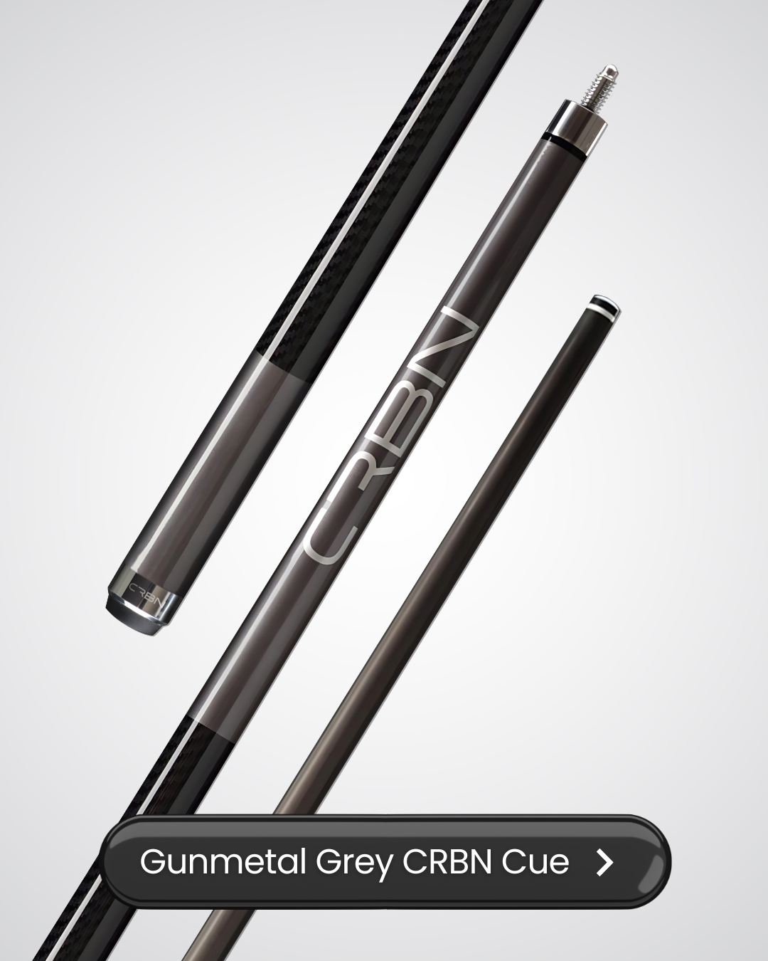Gunmetal grey pool cue with CRBN branding on a light background.