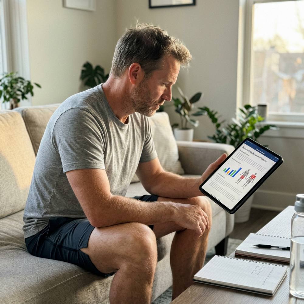 A man in a grey t-shirt sits on a couch, looking at a fitness protocol on a tablet.