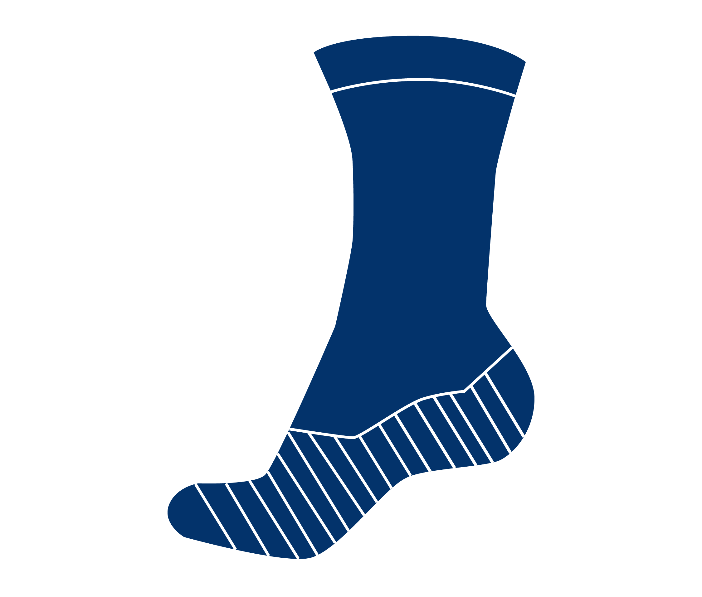 An illustration of a blue sock with white and green stripes on a green background.