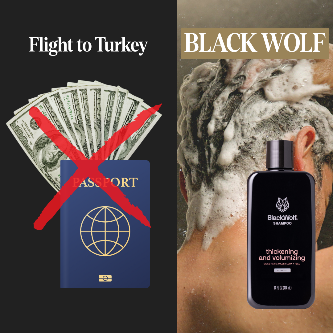 Split image of money, passport with red X; shampoo bottle with soapy hair.