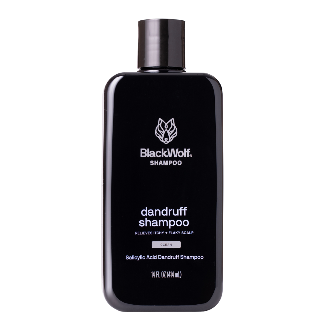 Black bottle of BlackWolf dandruff shampoo with white text and logo.