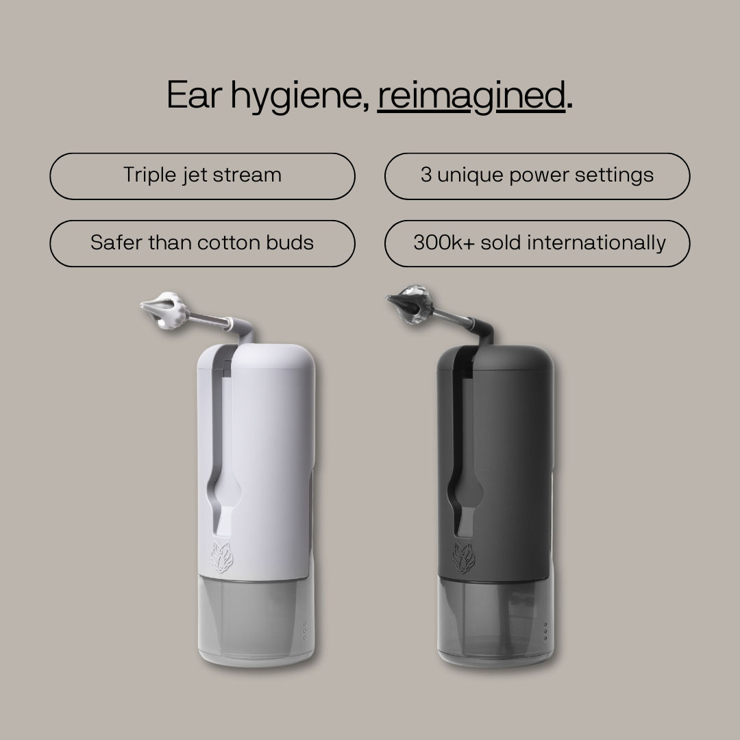 Two ear cleaning devices, one white and one black, with text about features and sales.