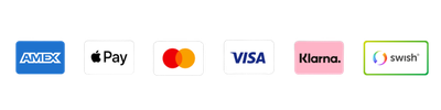 Logos for payment methods: AMEX, Apple Pay, Mastercard, VISA, Klarna, and Swish, displayed in a row.