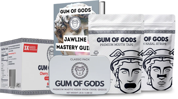 Assorted Gum of Gods products including packs, tin, and guidebook with Greek themes.